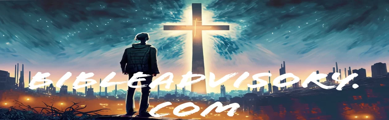 BibleAdvisory.com — a man stands before a glowing cross overlooking a city skyline